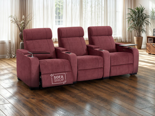 3 Seater Reclining Sofa with Electric Mechanism, USB Ports, Cup Holders, Storage Boxes & LED Lights | Purple Velvet Sofa | Rimini | The Sofa Shop