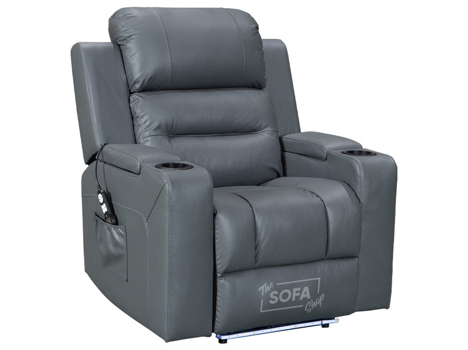 side angle picture of electric recliner Chair in grey leather with Cup Holders & storage boxes & remote control | siena