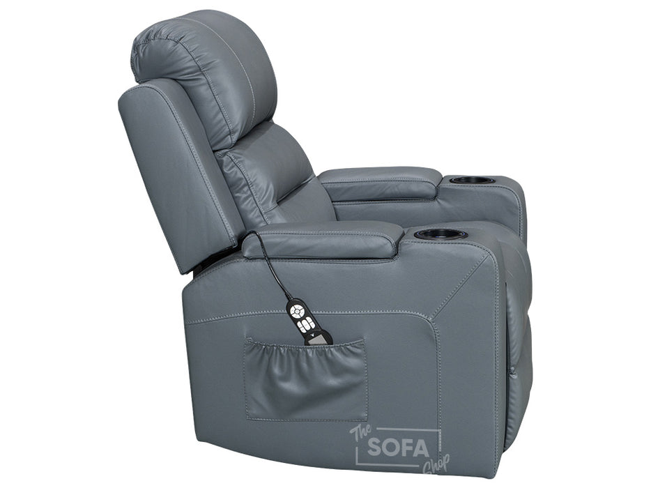 side picture of electric recliner chair in grey leather with Cup holders & storage boxes & remote control | siena