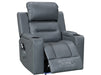 side angle picture of reclined electric recliner Chair in grey leather with Cup Holders & storage boxes & remote control | siena