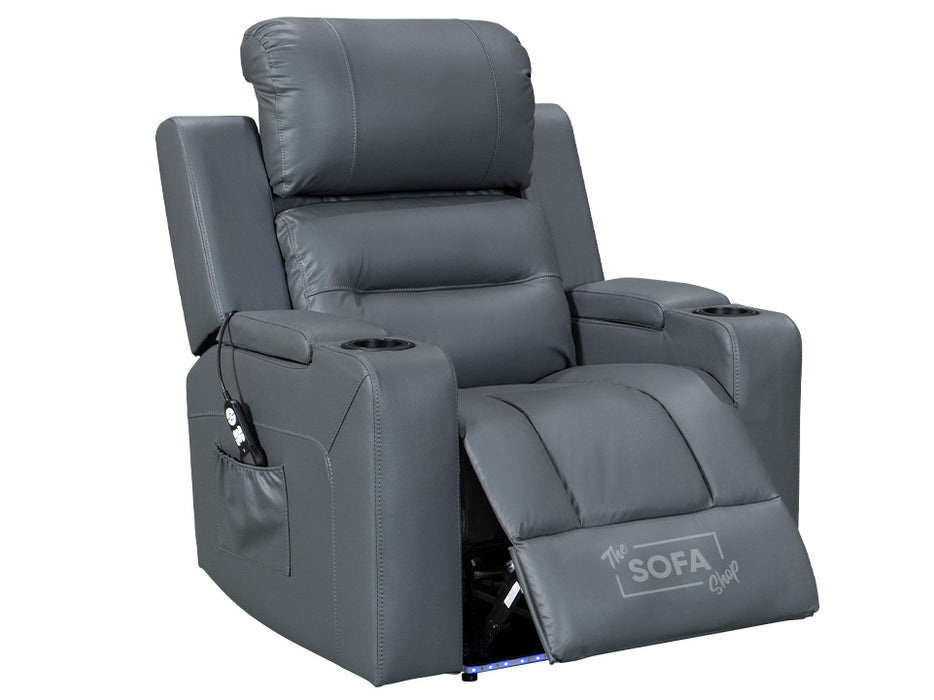 side angle picture of reclined electric recliner chair in grey leather with Cup Holders & storage boxes | siena