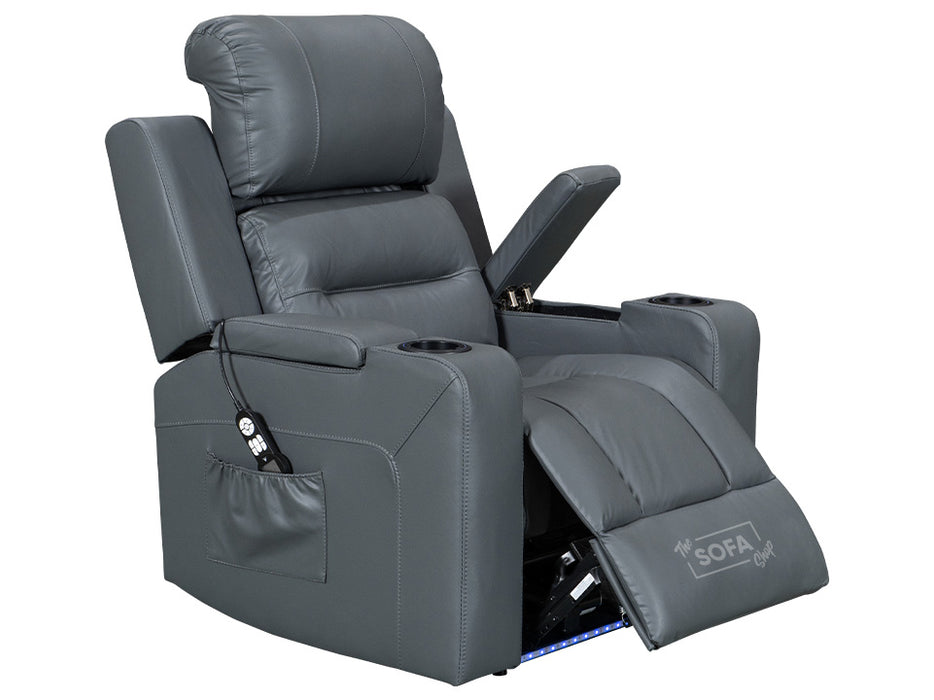 side angle picture of electric recliner leather chair in grey with opened Storage Box | siena