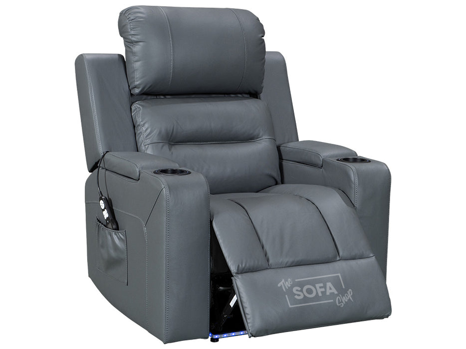 side angle picture of electric recliner chair in grey leather with Cup Holders & storage boxes | siena