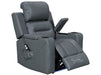 electric recliner chair in grey leather with opened storage boxes & remote control & cup holders | siena