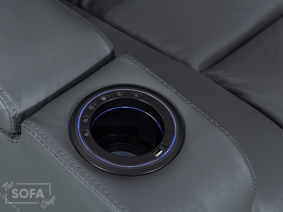 Close Up of Cup Holder for electric recliner sofa in grey leather | siena