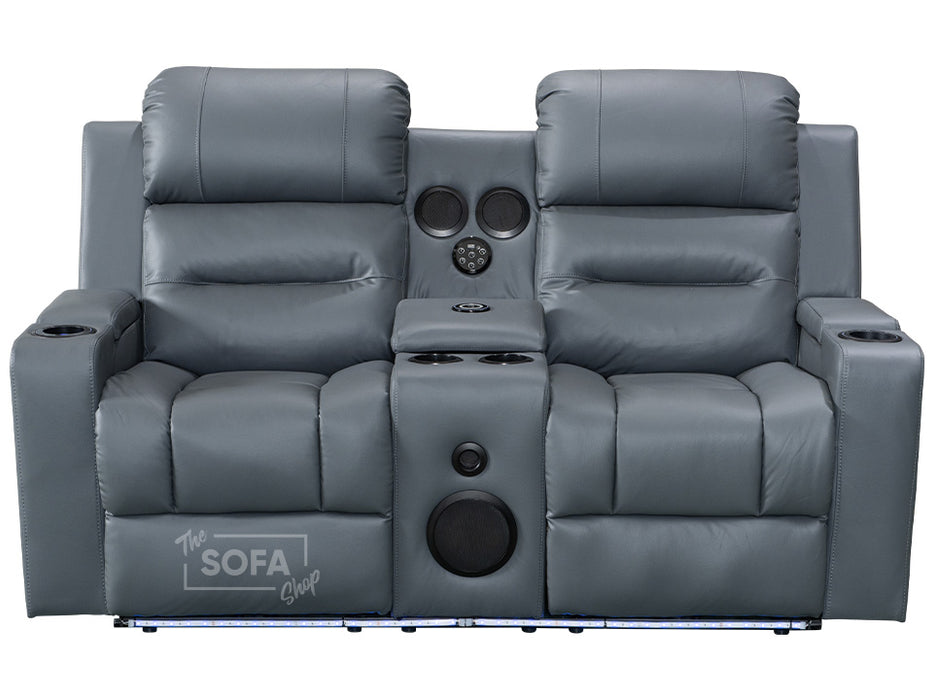 2+2 Recliner Sofa Set - Cinema Sofa Package In Grey Leather with Consoles, Speakers, Cup Holders, Power Headrest & More- Siena