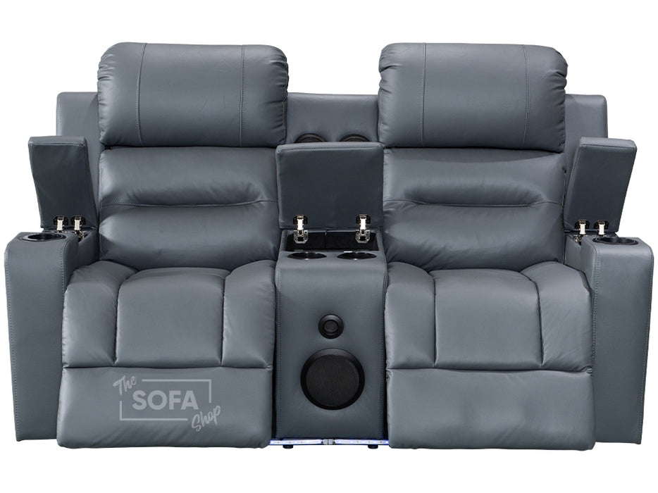Front Picture of electric recliner sofa in grey leather with opened storage boxes & Bluetooth Speaker & Cup Holders | siena