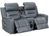 side angle picture of electric recliner sofa in grey leather with Cup Holders & storage boxes & Bluetooth speaker & wireless charger | siena