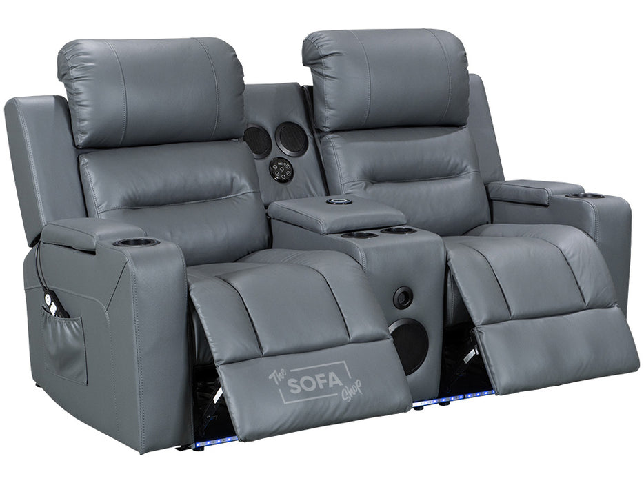 side angle picture of electric recliner sofa in grey leather with Cup Holders & storage boxes & Bluetooth speaker & wireless charger | siena