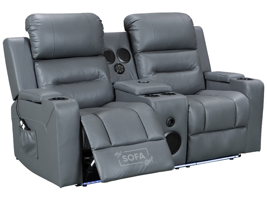 side angle picture of electric recliner leather sofa 2 seater in grey with Bluetooth speakers | siena