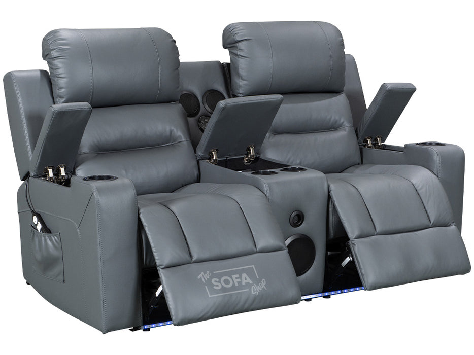 side picture of electric recliner sofa in grey leather with opened storage boxes & Bluetooth Speaker & Cup Holders | siena