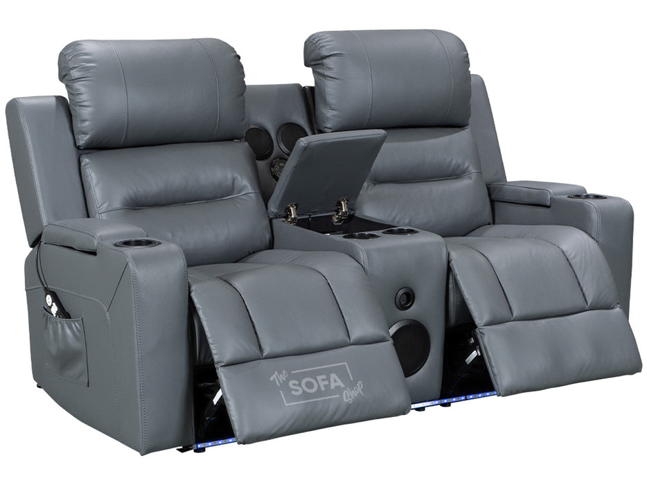 side angle picture of electric recliner leather sofa 2 seater in grey with opened Storage Box & Bluetooth speakers | siena
