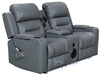 side shot of reclined electric recliner sofa in grey leather with Bluetooth Speaker & storage boxes | siena