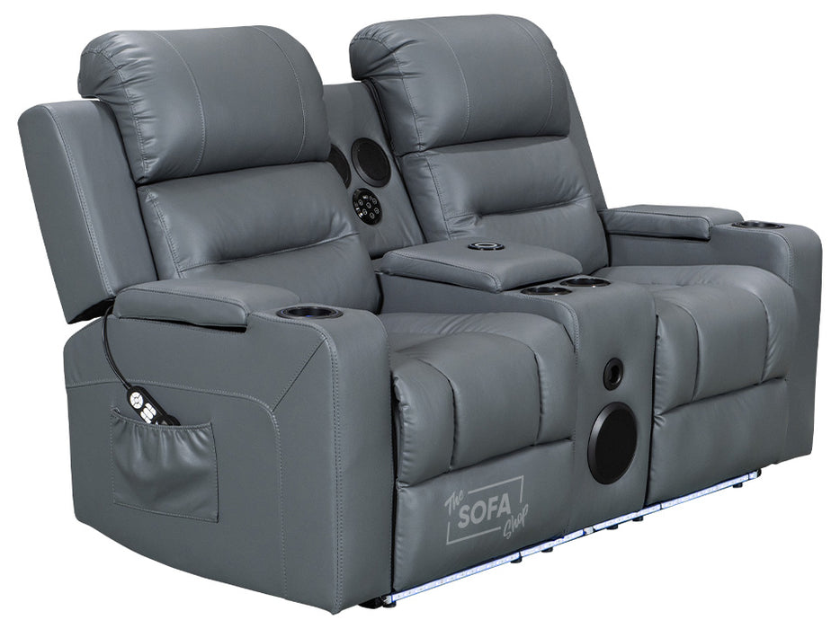 side shot of reclined electric recliner sofa in grey leather with Bluetooth Speaker & storage boxes | siena