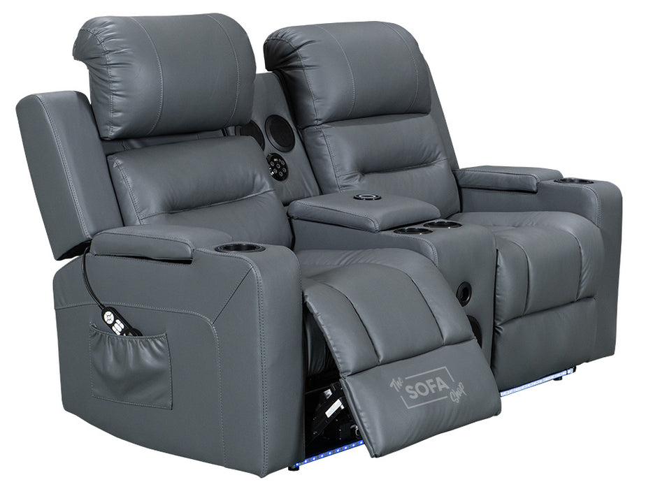 2 Seater Electric Recliner Sofa & Cinema Seats in Grey Leather. Smart Cinema Sofa With Power Functions, Console , Massage Seats & Speakers - Siena