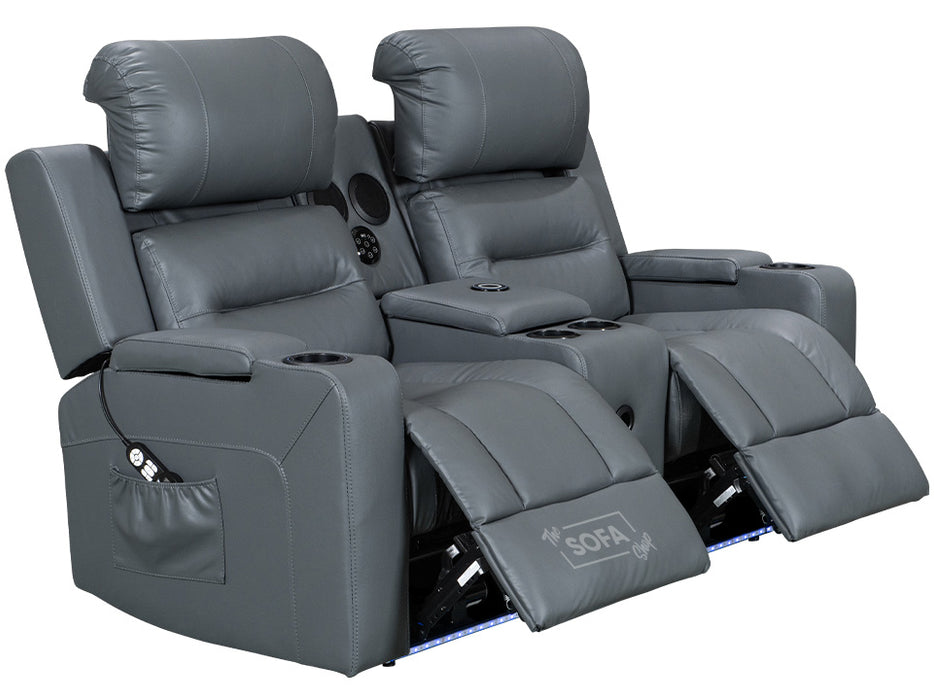 side angle picture of reclined electric recliner sofa in grey leather with Cup Holders & storage boxes & Bluetooth speaker & wireless charger | siena