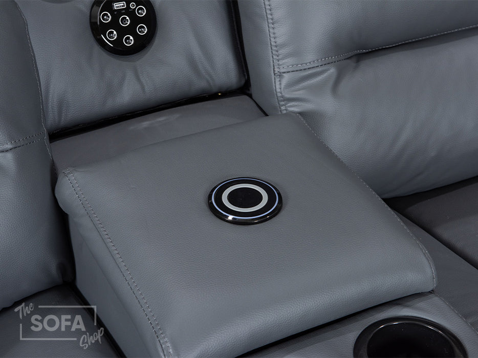 Close Up of wireless charger & storage Box for electric recliner sofa in grey leather | siena