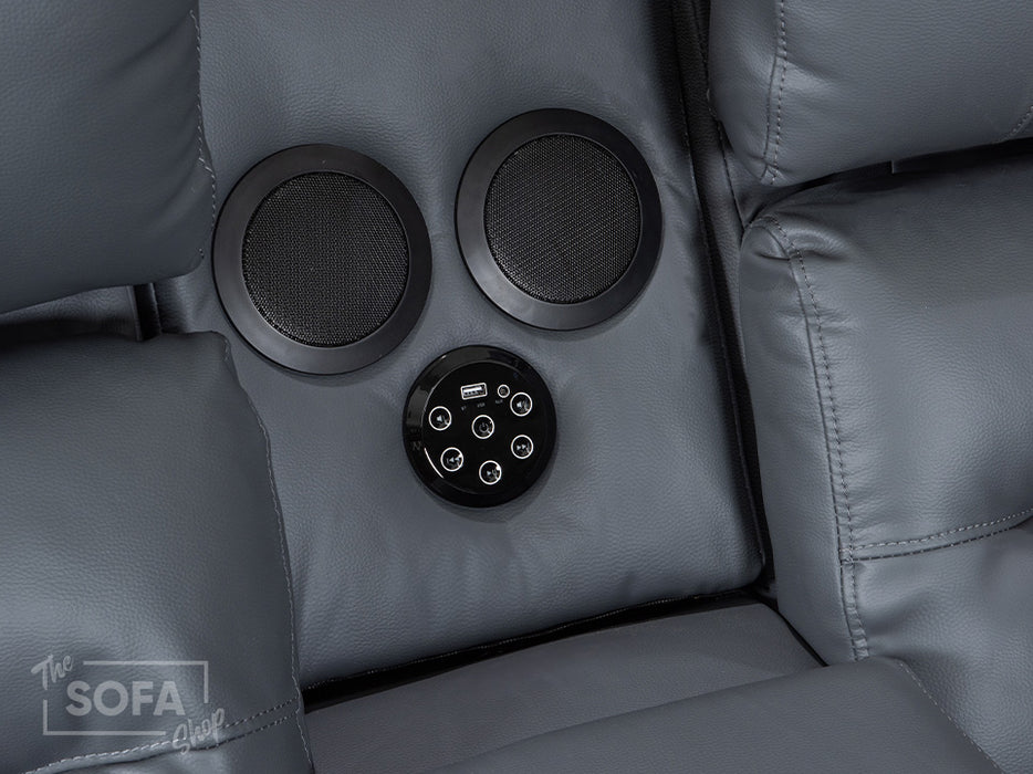 2+2 Recliner Sofa Set - Cinema Sofa Package In Grey Leather with Consoles, Speakers, Cup Holders, Power Headrest & More- Siena