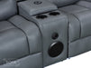 Close Up of Bluetooth Speaker & Cup Holders & wireless charger for electric recliner sofa in grey leather | siena