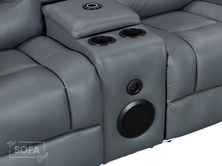 Close Up of Bluetooth Speaker & Cup Holders & wireless charger for electric recliner sofa in grey leather | siena