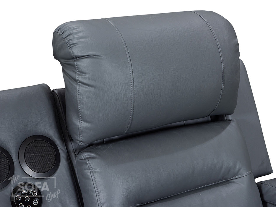 Close Up of headrest for electric recliner sofa in grey leather | siena