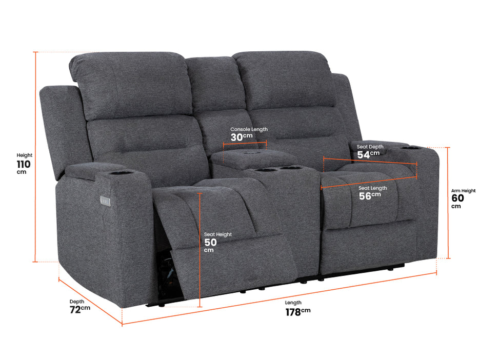 2+2 Seater Electric Recliner Sofa Set in Dark Grey Woven Fabric With Power Headrest, USB, Console & Cup Holders - Siena
