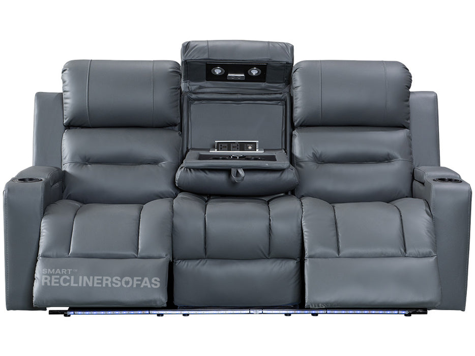 front Picture of leather sofa electric recliner in grey with drop-down table & Cup holders & plug socket & LED light  | siena