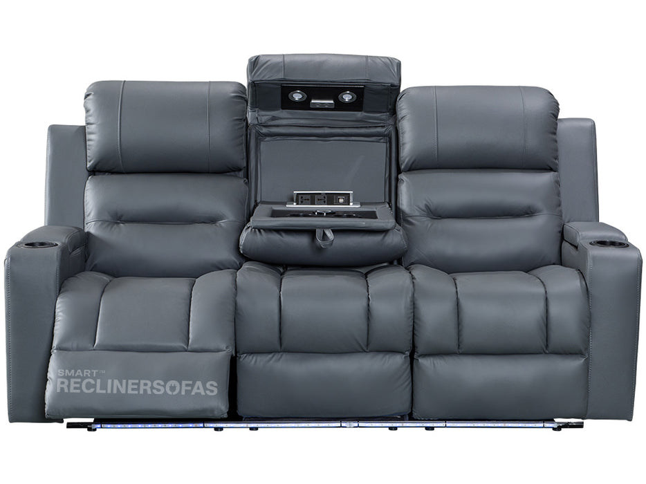 front Picture of reclined leather sofa electric recliner in grey with drop-down table & Cup holders & plug socket & LED light | siena