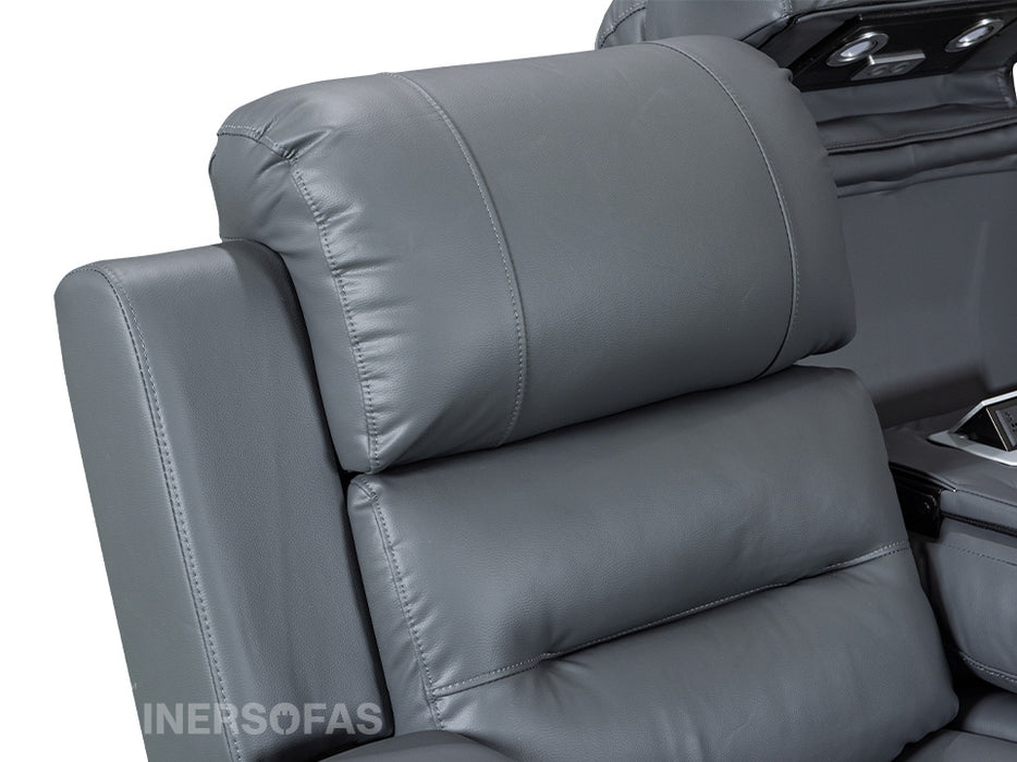 Close up of headrest for recliner electric leather sofa in Grey | siena