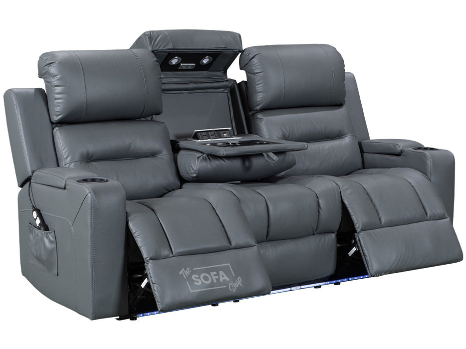 3 2 1 Electric Recliner Sofa Set. 3 Piece Cinema Sofa Package Suite in Grey Leather With Massage & Power Headrest & Wireless Charger - Siena