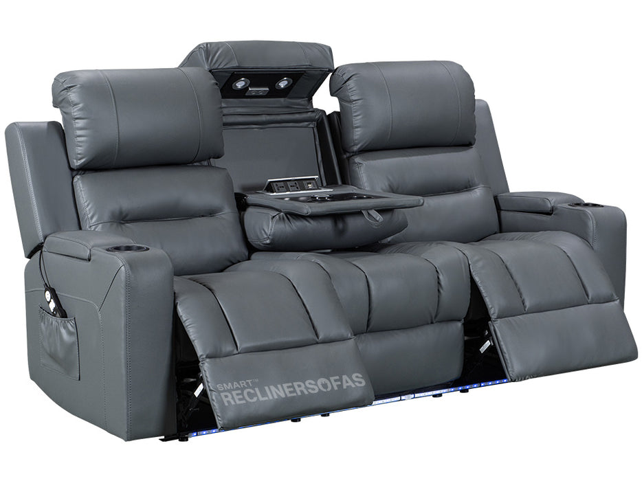 side shot of reclined electric recliner sofa in grey with drop-down table & LED lights & Cup Holders in grey leather | siena