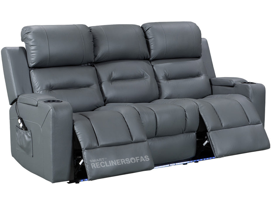 side shot of reclined electric recliner sofa in grey leather with Cup Holders & storage boxes & remote control | siena