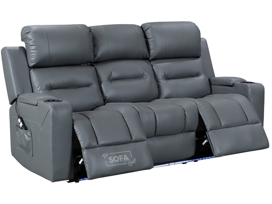 3+3 Electric Recliner Sofa Set & Cinema Seats Sofa Package. Grey Leather Suite with Cup Holders & Massage & Electric Headrests - Siena