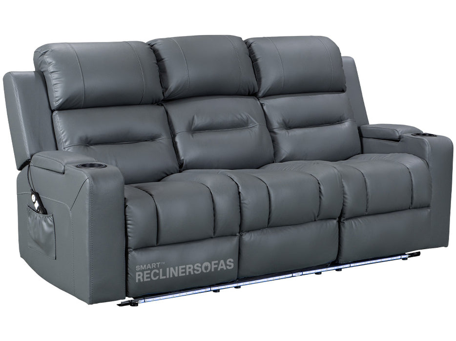 side angle picture of electric recliner sofa in grey leather with Cup Holders & storage boxes & remote control | siena