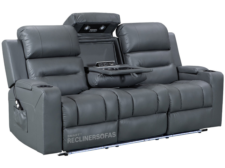 side shot of electric recliner leather sofa in grey with drop-down table & LED lights & Cup Holders grey | siena