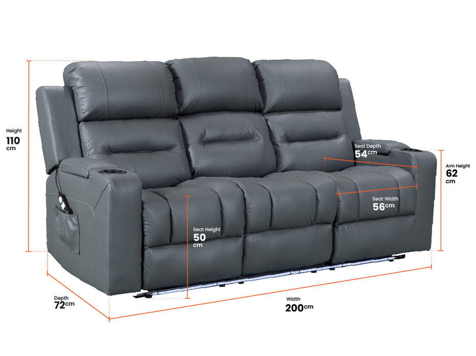 3 1 1 Electric Recliner Sofa Set inc. Cinema Seats in Grey Leather. 3-Piece Cinema Sofa Set With Massage & USB Ports - Siena
