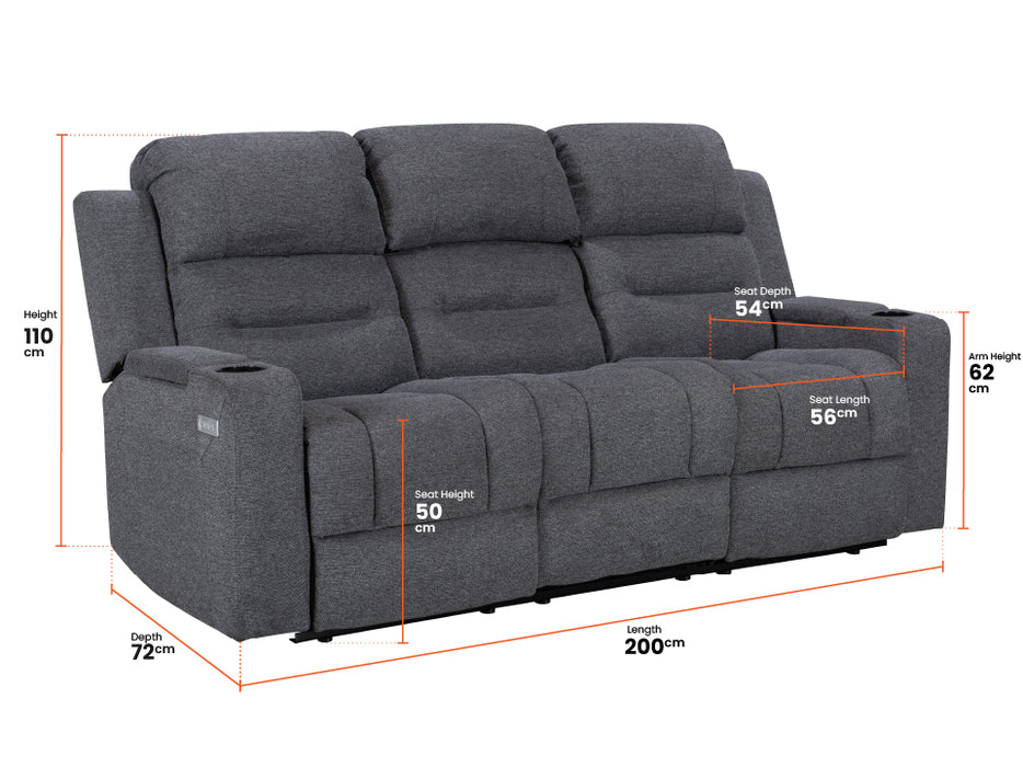 3 2 Seater Electric Recliner Sofa Set. 2 Piece Sofa Package Suite in Grey Woven Fabric With Power Headrest, USB, Console & Cup Holders - Lawson
