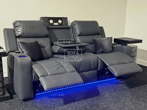 Siena 3 Seater Electric Recliner Sofa & Cinema Seats. Grey Leather Cinema Sofa with Console + Massage + Power Headrests-  Worn Leather -Second Hand Sofas 48