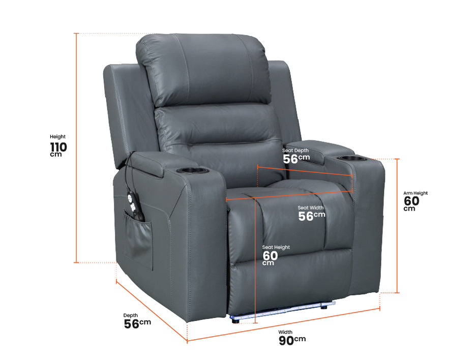 Dimension Picture of recliner electric chair in grey leather | siena