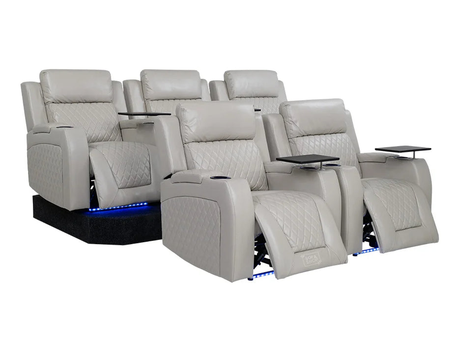 Row of 5 Electric Home Cinema Seats in Light Beige Leather Aire, With Recliner, Massage Seats, Removable Table, USB, Lights & Chilled Cupholders - Venice Series One