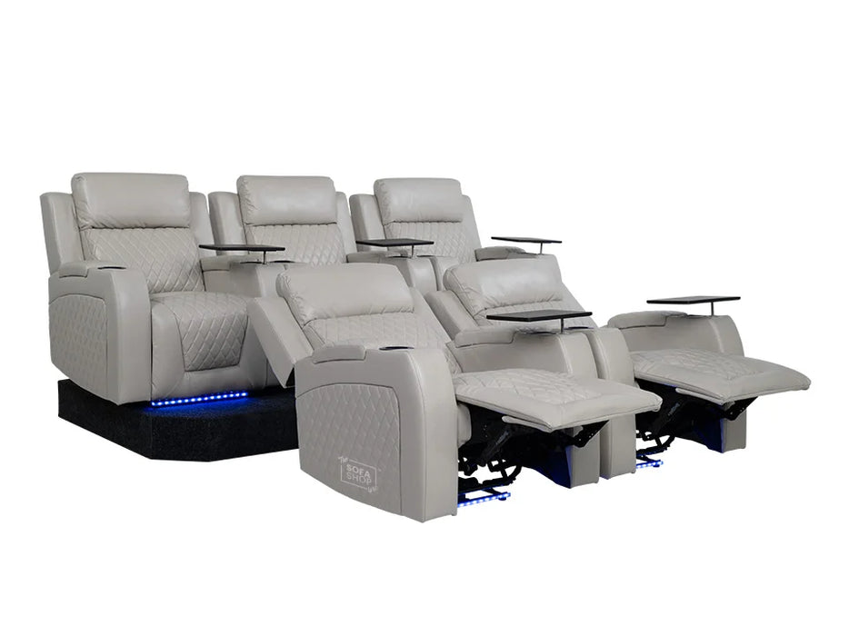 Row of 5 Electric Home Cinema Seats in Light Beige Leather Aire, With Recliner, Massage Seats, Removable Table, USB, Lights & Chilled Cupholders - Venice Series One