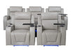 Row of 5 Electric Home Cinema Seats in Light Beige Leather Aire, With Recliner, Massage Seats, Removable Table, USB, Lights & Chilled Cupholders - Venice Series One