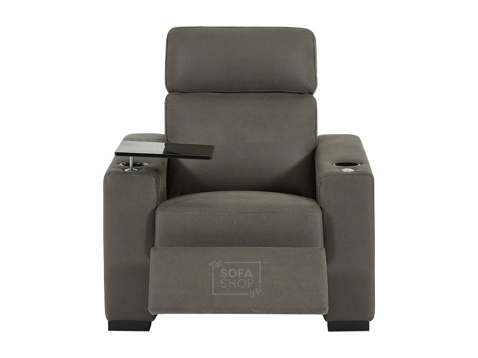 Fabric Armchair with Electric Reclining, Power Recliner, Lumbar Support, 2 Cup Holders, USB Charging & Black Tray Table | Grey Fabric | Palmero | Sofa Shop