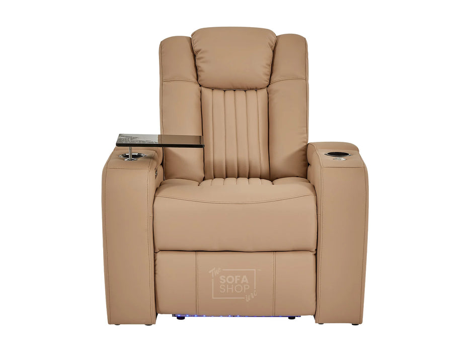 Leather Recliner Chair Electric with USB Charging, Cup Holders, Storage, LED Lights & Massage | Camel Leather Aire | Capri | The Sofa Shop