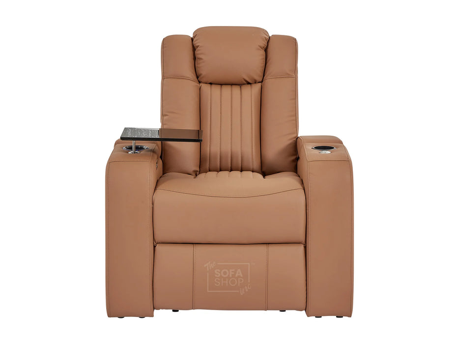 Leather Recliner Chair Electric with USB Charging, Cup Holders, Storage, LED Lights & Massage | Tan Leather Aire | Capri | The Sofa Shop