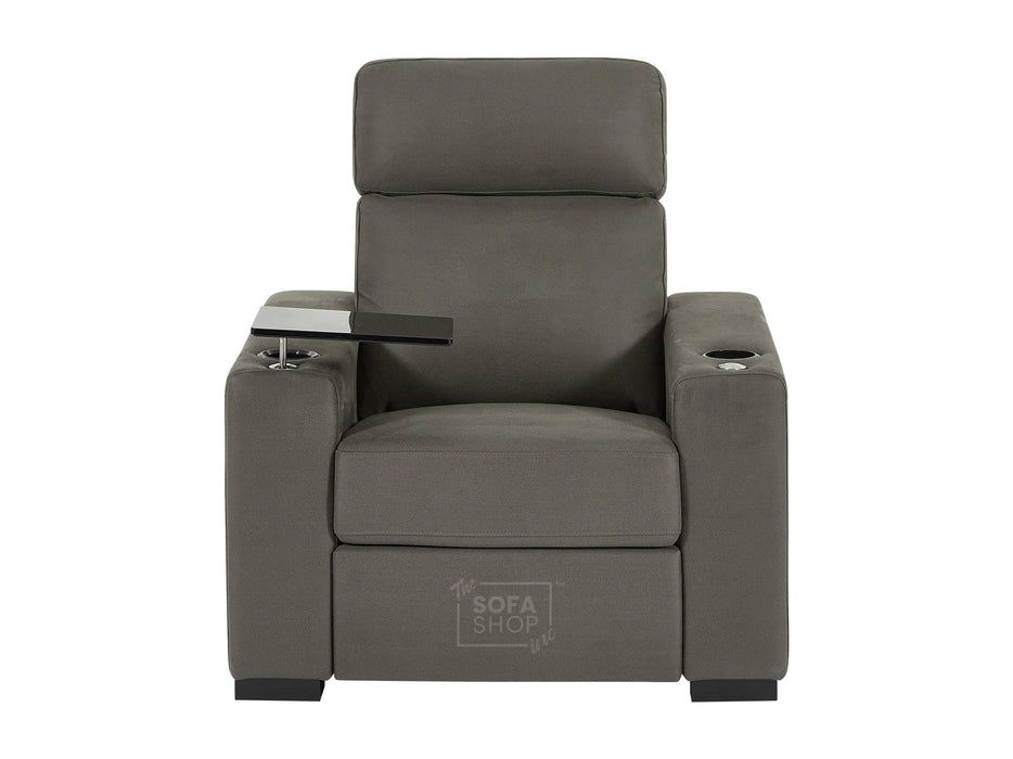 Fabric Armchair with Electric Reclining, Power Recliner, Lumbar Support, 2 Cup Holders, USB Charging & Black Tray Table | Grey Fabric | Palmero | Sofa Shop