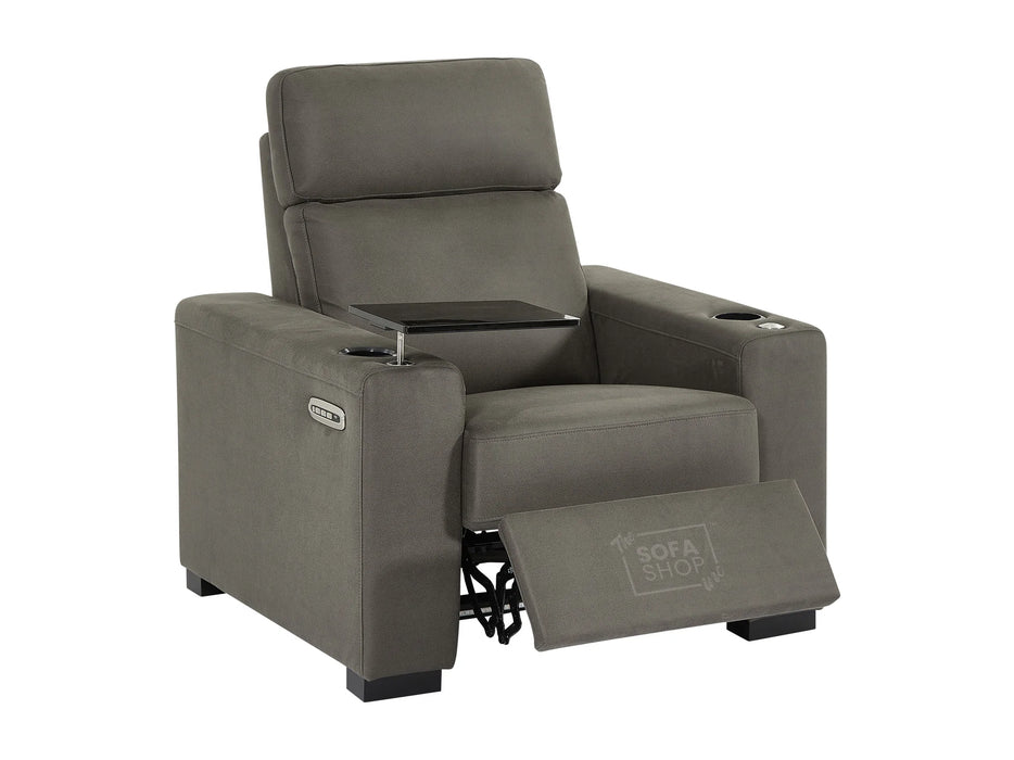 Fabric Armchair with Electric Reclining, Power Recliner, Lumbar Support, 2 Cup Holders, USB Charging & Black Tray Table | Grey Fabric | Palmero | Sofa Shop