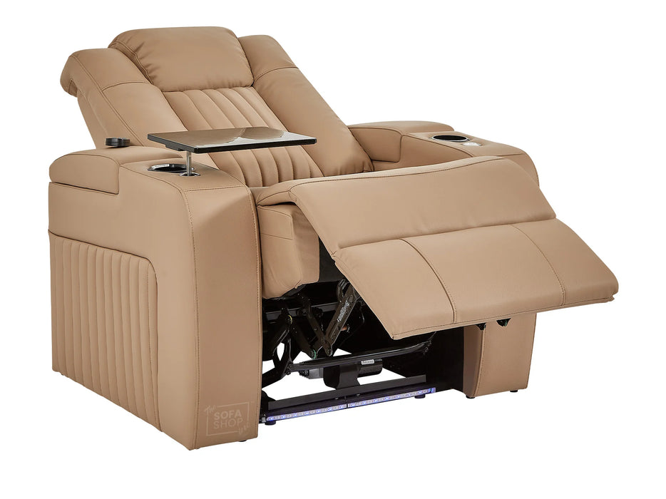 3+1 Smart Reclining Sofa Package | 2 Piece Power Home Theatre Couch in Camel Leather Aire with Massage, LED Cupholders & Table | Capri | The Sofa Shop