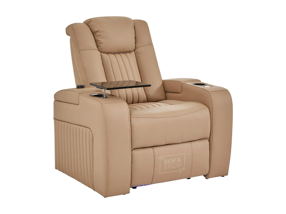 3+1 Smart Reclining Sofa Package | 2 Piece Power Home Theatre Couch in Camel Leather Aire with Massage, LED Cupholders & Table | Capri | The Sofa Shop