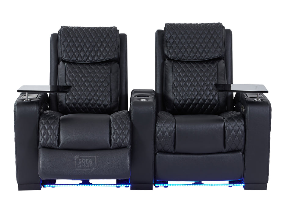 2 Seat Electric Recliner Home Cinema Theatre Sofa | Real Leather Couch In Black + Power Headrests + USB + LED Lights + Table | Torino | The Sofa Shop